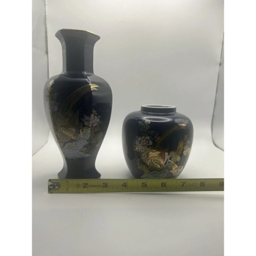 2-PC Asian Style Cobalt Blue‎ Cloisonné Golden Floral Flower Vases